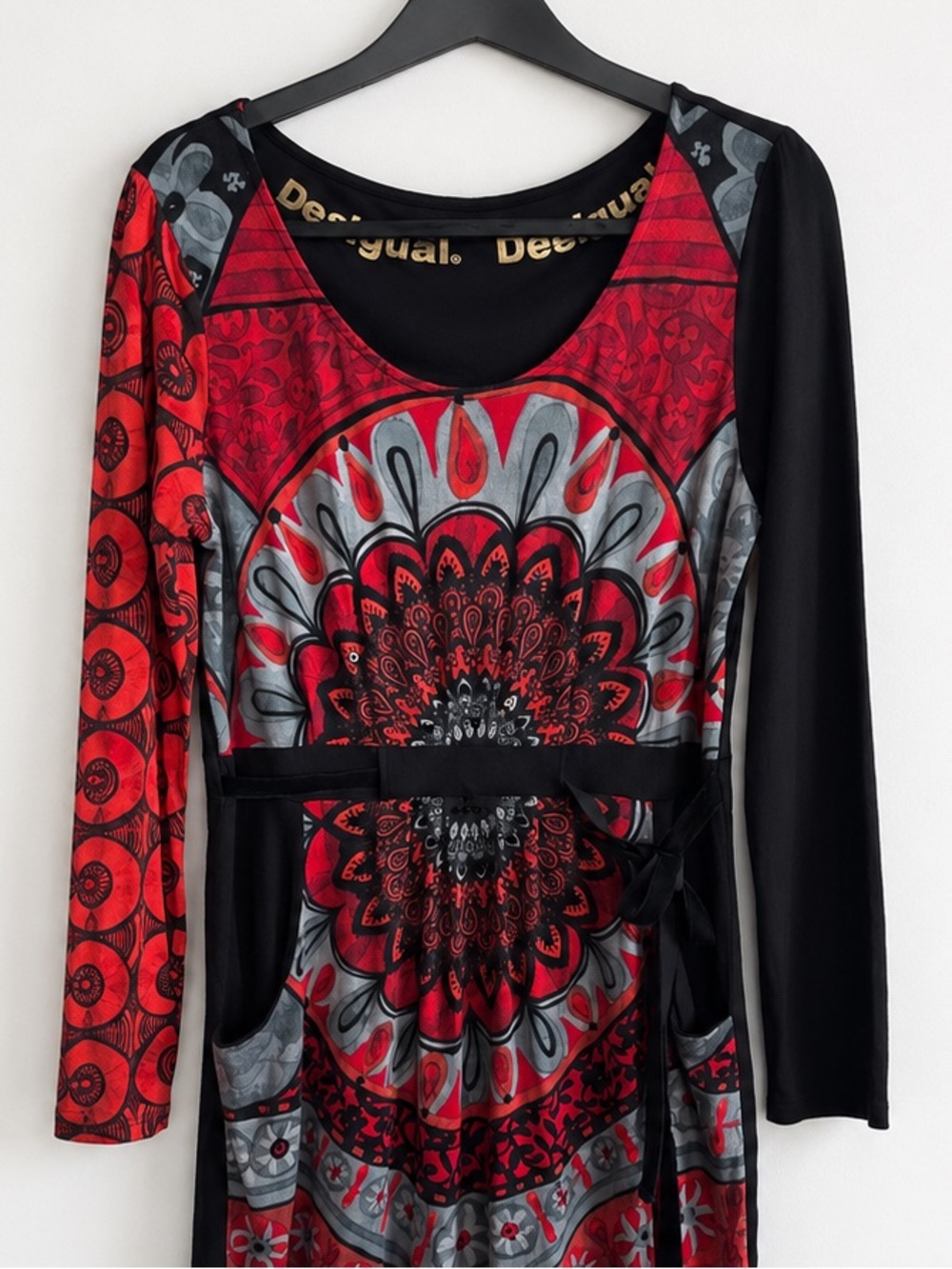 Desigual Mandala Red Black Print Long-Sleeve Dress with Pockets XL - Picture 7 of 10
